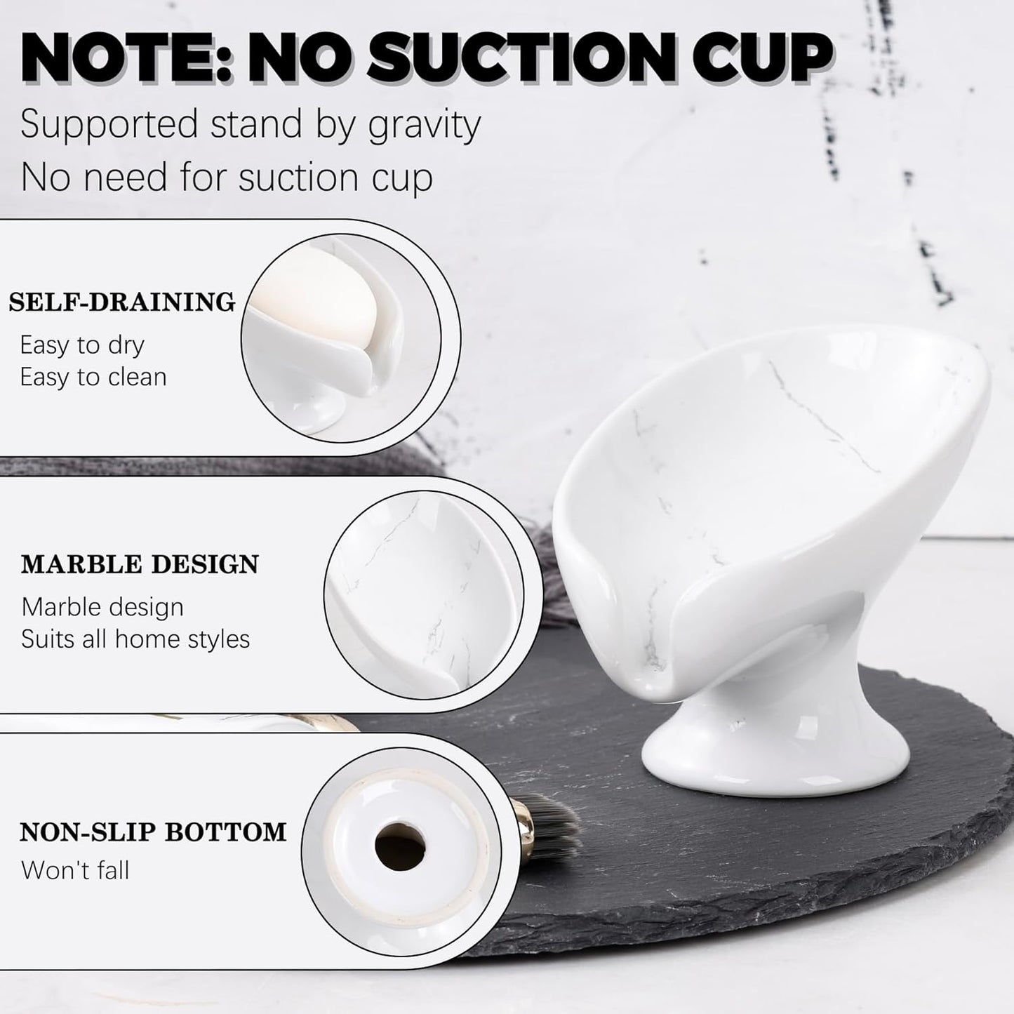 Small Soap Dish, Self Draining Bar Soap Holder for Bathroom Sink, Leaf Shaped Drainage Ceramic with Marble-Pattern Finish, Decorative Soap Dish, No Suction Cup, ANTIS'S HOME