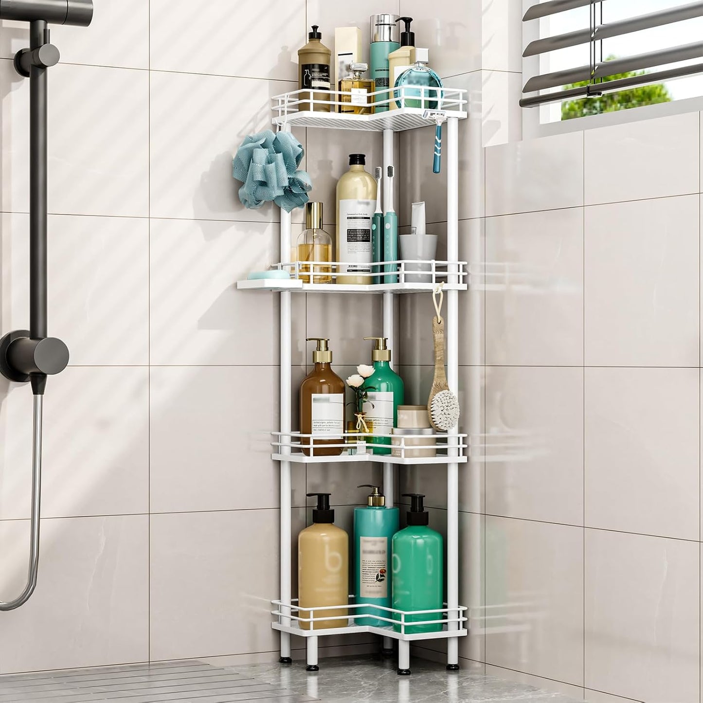 HapiRm Corner Shower Caddy Organizer - 4 Tier Shower Shelf Corner with Soap Holder, Rustproof Bathroom Standing Organizer with 4 Hooks, White