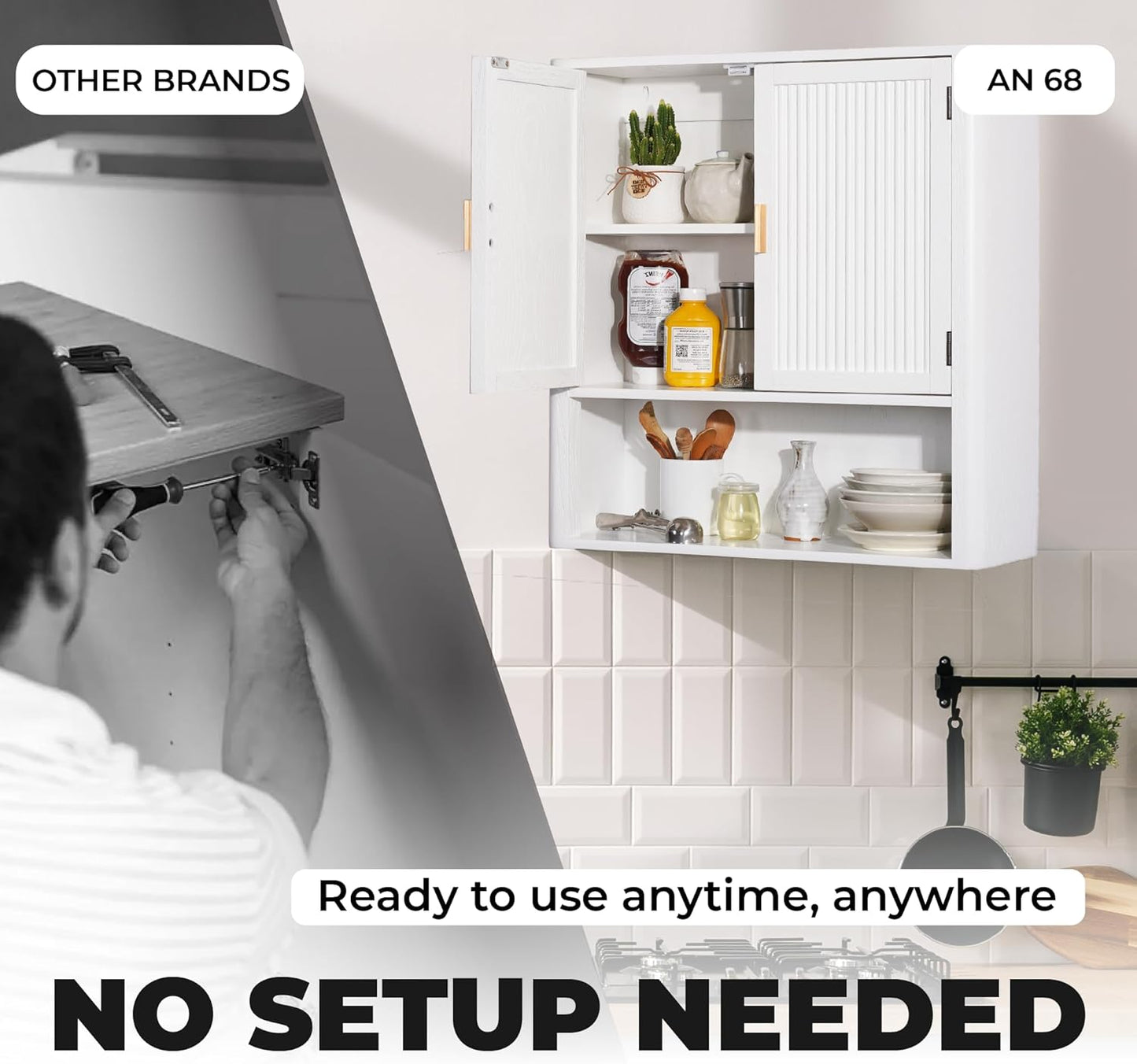 Bathroom Storage Cabinet – Pre-Assembled Wall-Mounted Medicine Cabinet with 2 Doors and Fixed Shelf, Over-The-Toilet Floating Organizer for Bathroom, Living Room, Kitchen, Laundry (White)