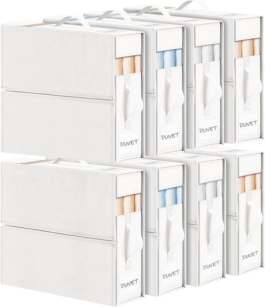 DIMJ Bed Sheet Organizers and Storage 8 Pack - Foldable Sheet Organizer for Linen Closet, Bedding Storage Box for organization, Sheets Set Holder for Blanket, Towel (King & Queen Size), White