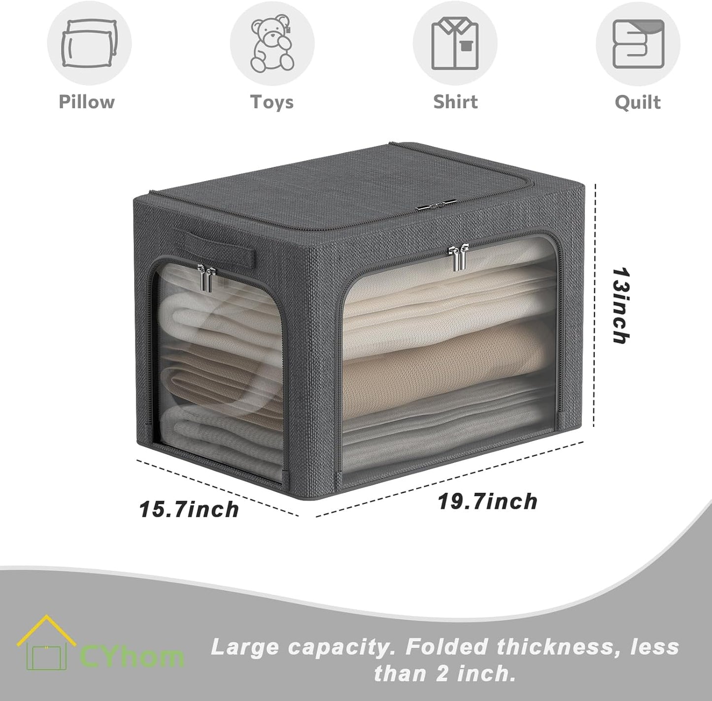 3Pack Stackable Foldable Storage Bin - Metal Frame Storage Box Clothing Storage Organizer with Clear Window, Carry Handles (66L-19.7x15.7x13in, Dark Grey)