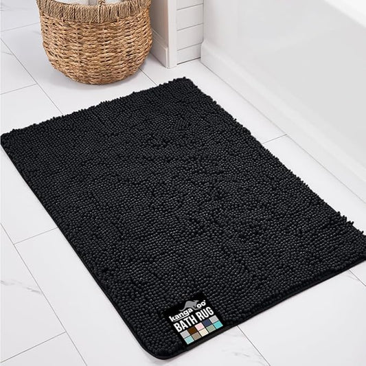 KANGAROO Bathroom Rugs, Chenille Soft Absorbent Bath Rug, Shaggy Shower Mat, Quick Dry Machine Wash Bathmat, Plush Carpet Mats for Tub, Bathtub and Room Home Decor Accessories, 24x17, Black