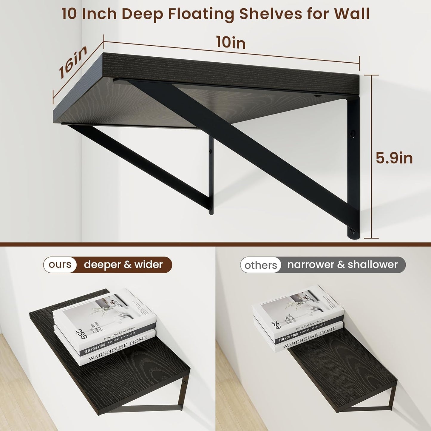 Axeman Black Floating Shelves for Wall - 10 Inch Deep Floating Shelves Set of 2-16 Inch Wide x 10 Inch Deep Black Wall Shelves for Living Room Bathroom Bedroom