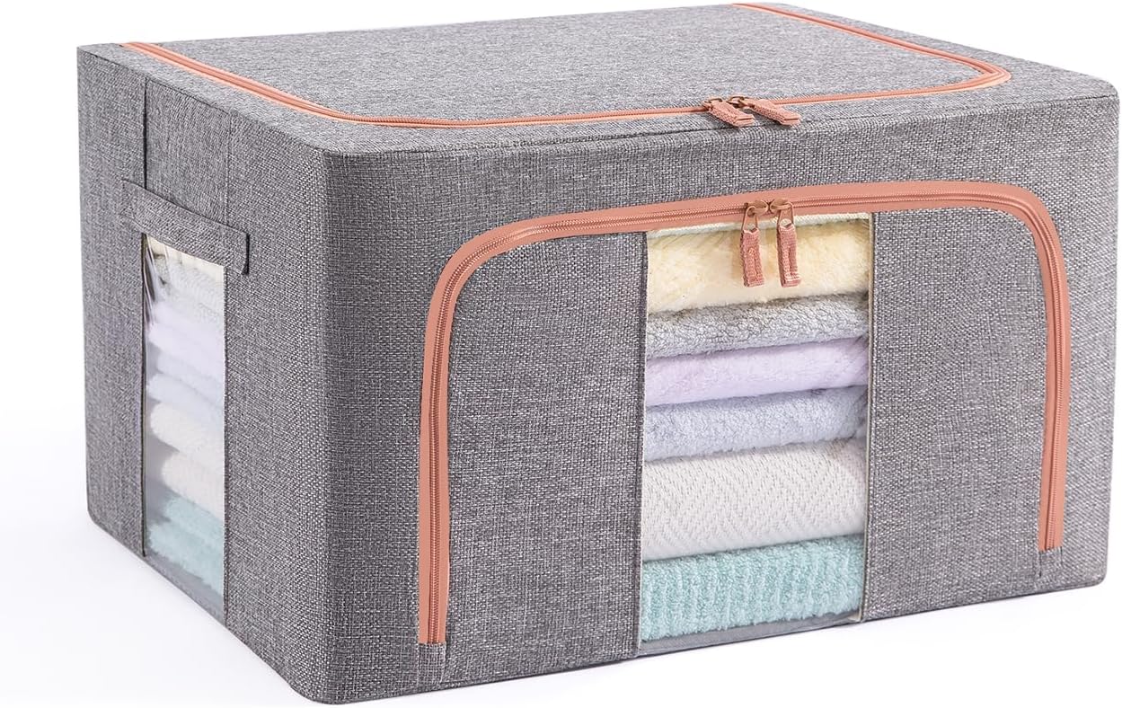 24L Stackable Clothes Storage Bins with Metal Frame Handles & Zipper, Collapsible Closet Organizer Box with Lid for Bedding Blankets Towel (Grey,1 pack)