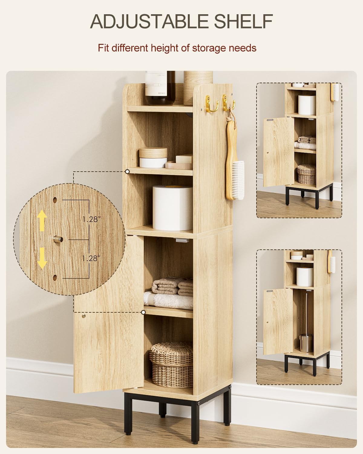 Bathroom Storage Cabinet, Small Corner Floor Hutch with 2Hooks,Narrow Toilet Paper Cabinet with Rattan Door,Bathroom Organizer with Adjustable Shelf, for Small Spaces,Oak