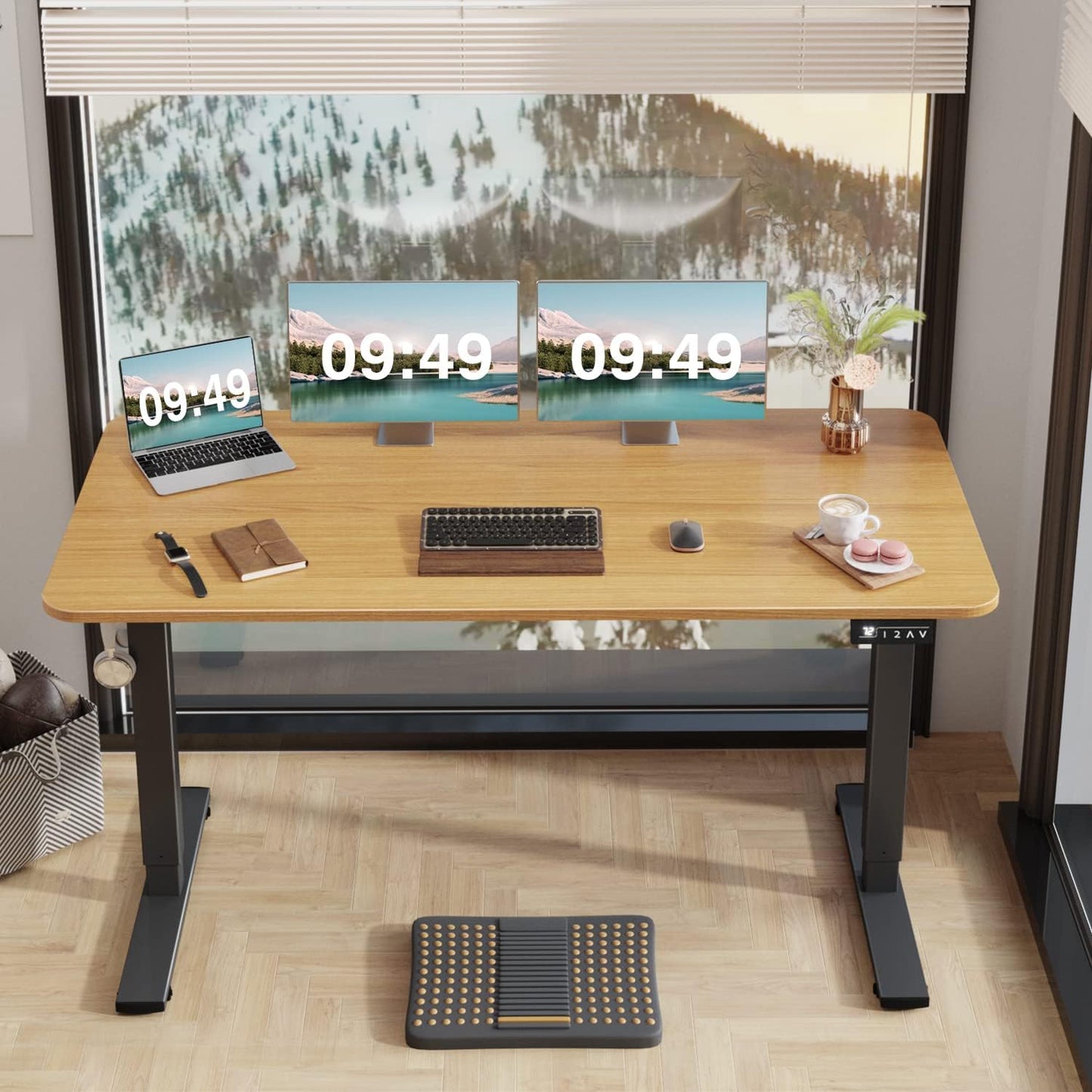 Furmax Electric Height Adjustable Standing Desk Large 55 x 24 Inches Sit Stand Up Desk Home Office Computer Desk Memory Preset with T-Shaped Metal Bracket, Maple