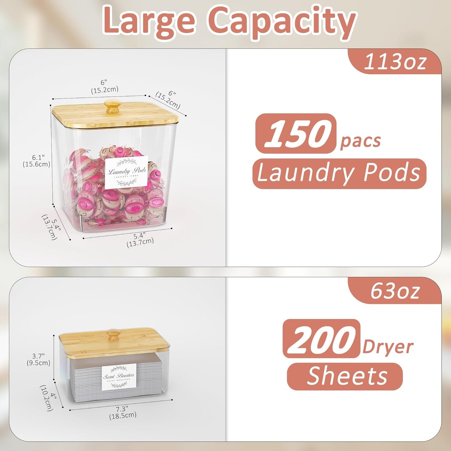 Laundry Room Organization and Storage, Laundry Pods Container and Dryer Sheet Holder with Bamboo Lids and Labels, Laundry Organizer with Scoops for Booster Beads, Powder, Pods, 4+1 Pack