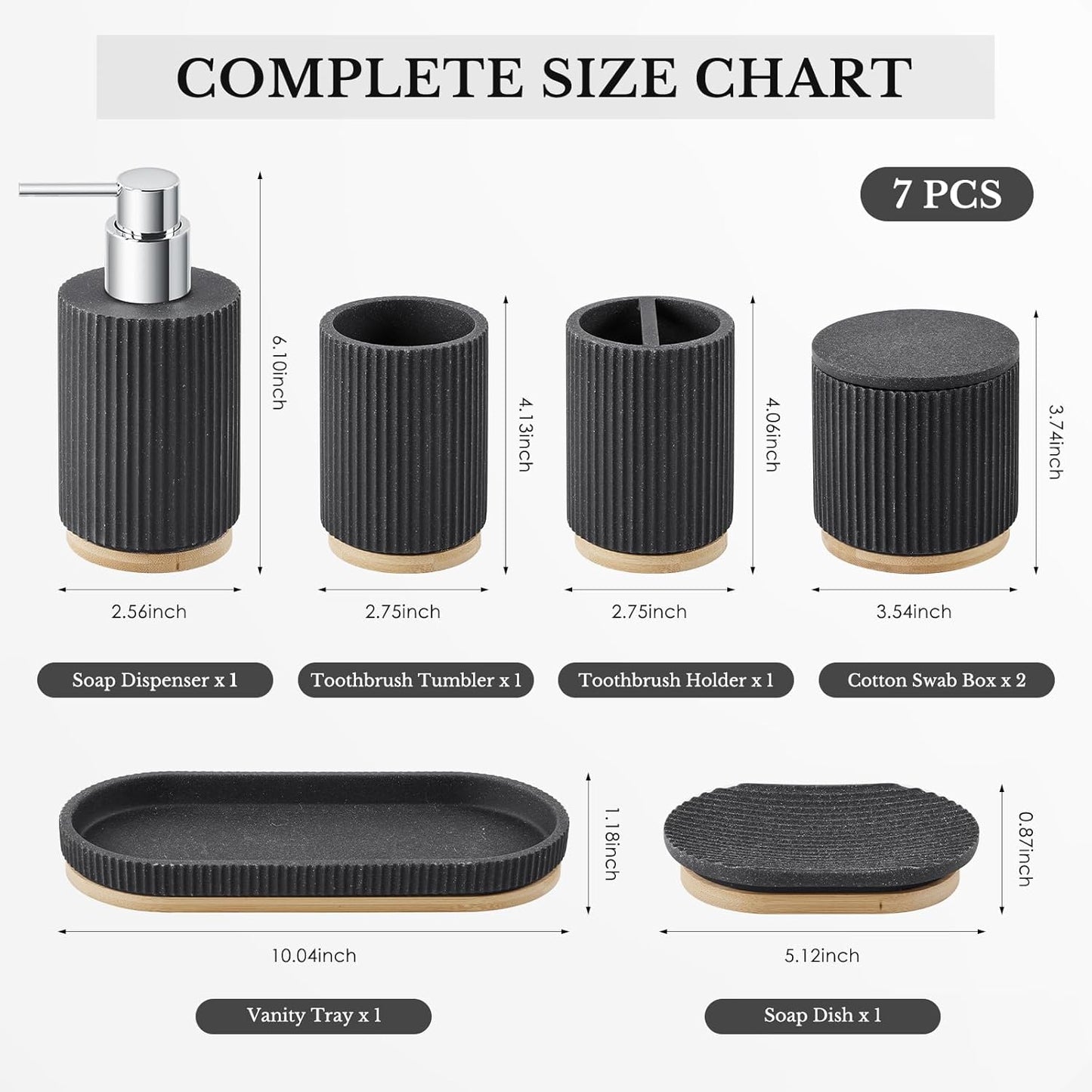 Black Bathroom Accessories Set, 7PCS Resin Bathroom Set with Bamboo Base, with Soap Dispenser, Q-tip Holder, Toothbrush Holder, Tumbler, Soap Dish, Vanity Tray, Complete Bathroom Set for Modern Decor