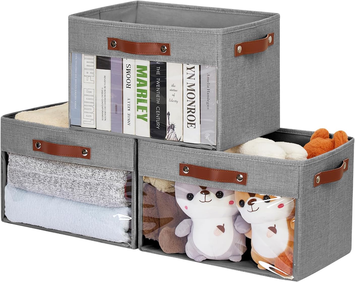 Large Storage Baskets with Clear Window, See Through Closet Organizer with PU Handles, Linen Foldable Storage Bins for Organizing Clothes, Toys, Books (Gray)