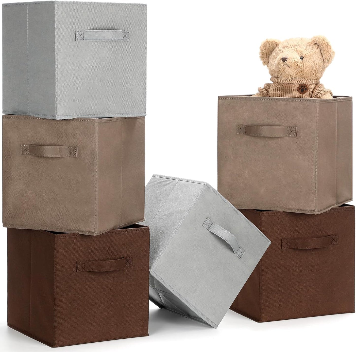 Karenhi 11" x 10. 5" x 10. 5" Brown Gray Storage Cube, 6 Pack Fabric Cube Storage Bins Organizer Box, Collapsible Baskets with Handles Foldable Shelf for Cloth Toys Home Room Closet, Pack of 6