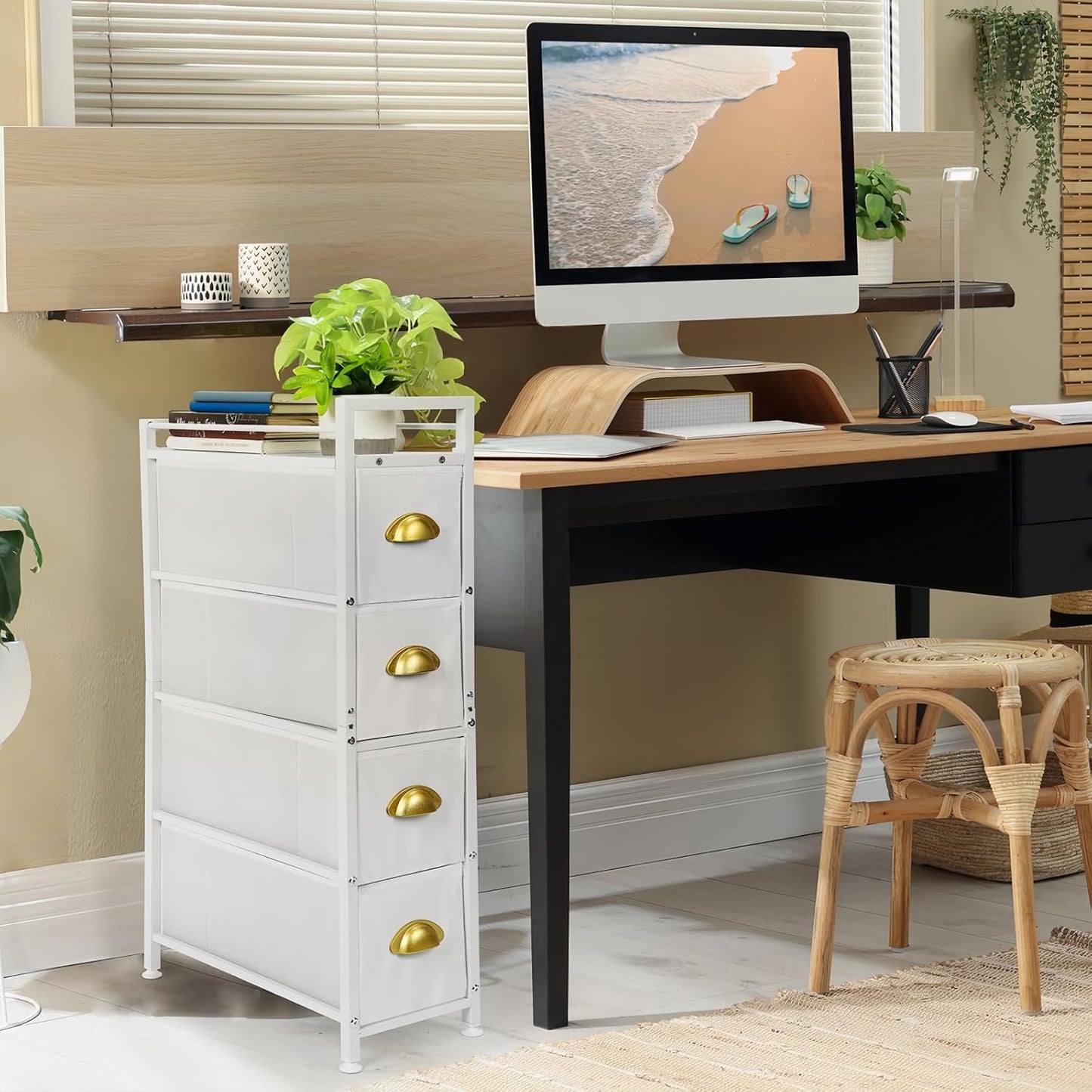 MOOACE Narrow Dresser Storage Tower with 4 Drawers, Slim Dresser Chest of Drawers, Vertical Small Fabric Dresser Standing, Wood Top Organizer for Bedroom, Bathroom & Laundry, White/Gold