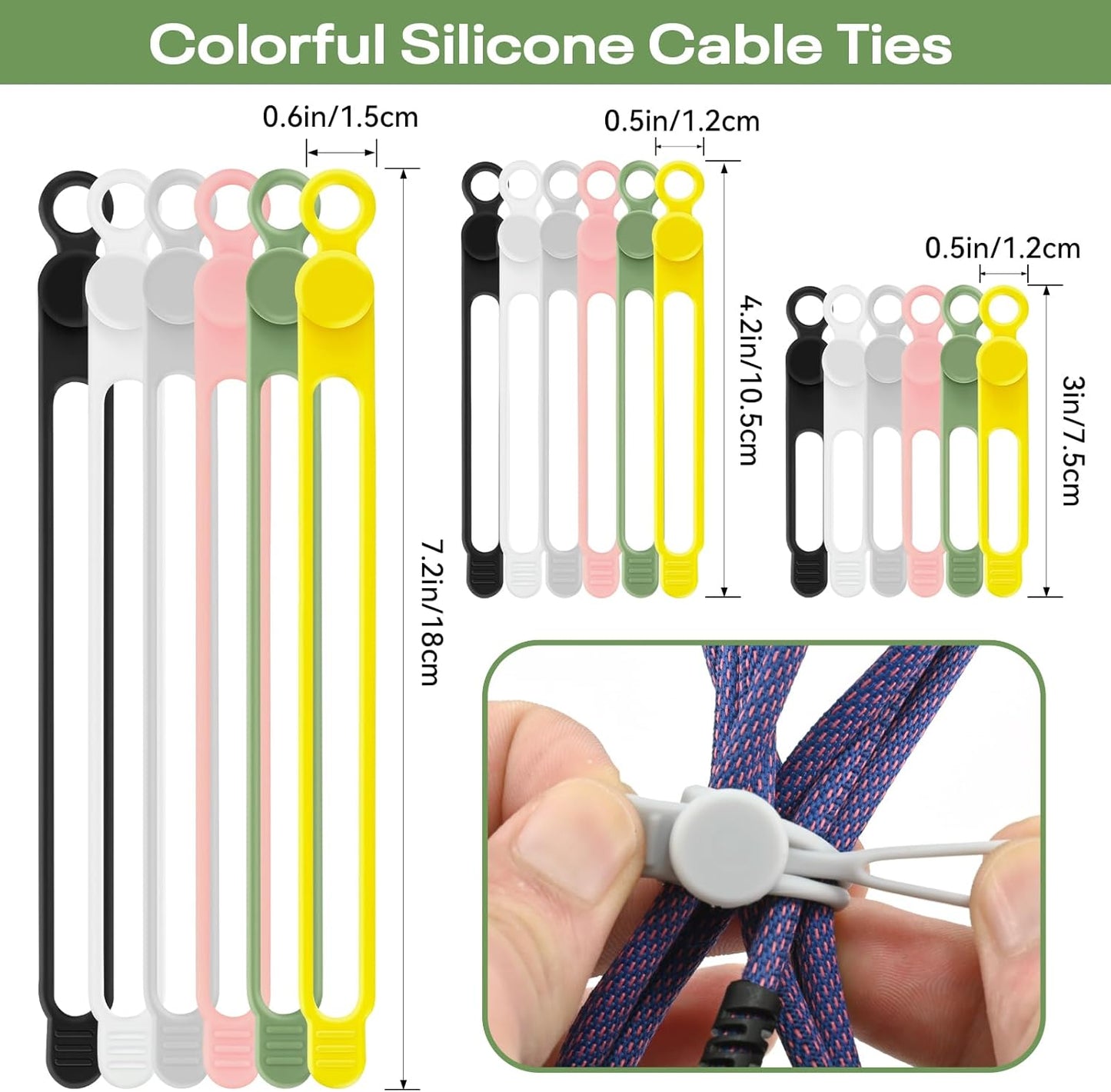 Silicone Cable Ties Reusable, Elastic Wire Organizer Ties, for Charging Cables, Electrical Cords, Computer Wires, USB Data Cable Management, Cord Organizer (6 Colors, 3 Sizes)