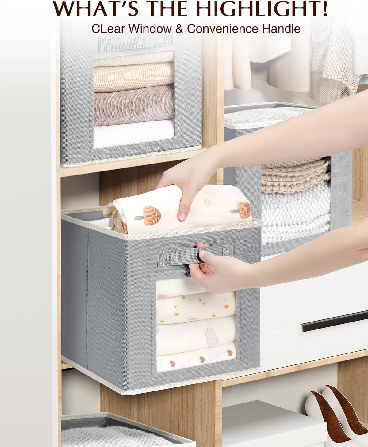 Foldable Storage Cubes - Cubby Storage Organizer with Window, 11 Inch Baskets for Organizing, Collapsible Fabric Storage Cubes for Shelves, Closet, 10 Pack, Grey