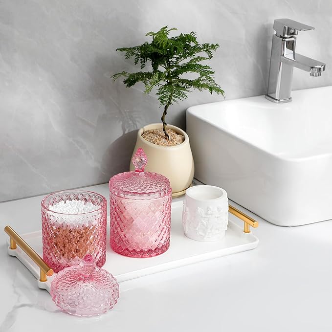 rejomiik 2 Pack Qtip Holder Glass Apothecary Jars with Lid for Bathroom Canisters Dispenser Decor, Storage Organizer for Cotton Swabs, Balls, Pads, Floss Picks, Candy, Pink