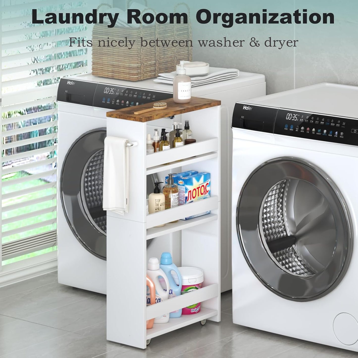 MARTY Rolling Storage Cart 4-Tier White Kitchen Cart with Wheels,Slim Storage Cart with Handle Slide Out Utility Cart Shelving Unit Organizer Trolley for Laundry Narrow Places Bathroom Small Corner