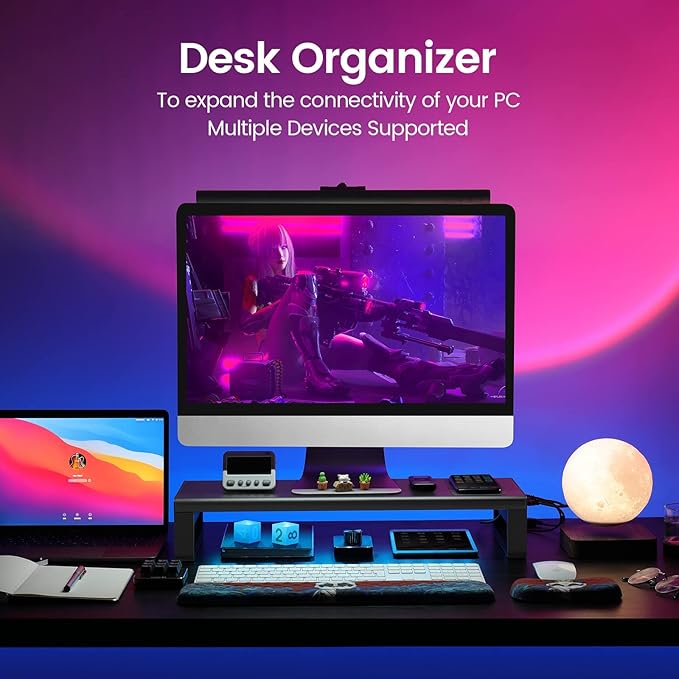 Vaydeer Wireless Charging and USB 3.0 Monitor Stand, Monitor Riser for Desk with Storage, Single Shelf Holder Raiser Organizer for Computer iMac Laptop PC Screen, Heavy Duty Gift Gaming Studio Office