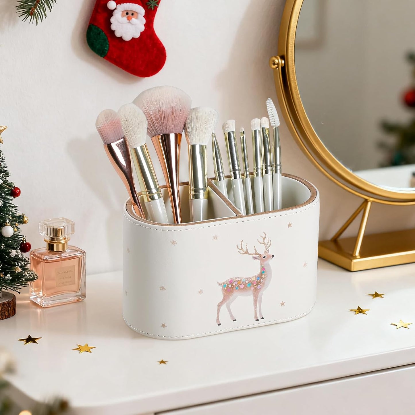 Christmas Pen Holder for Desk, PU Leather Pencil Holder for Desk with 2 Compartments for Home Office Supplies, Christmas Decorations Pencil Cup Desk Organizer