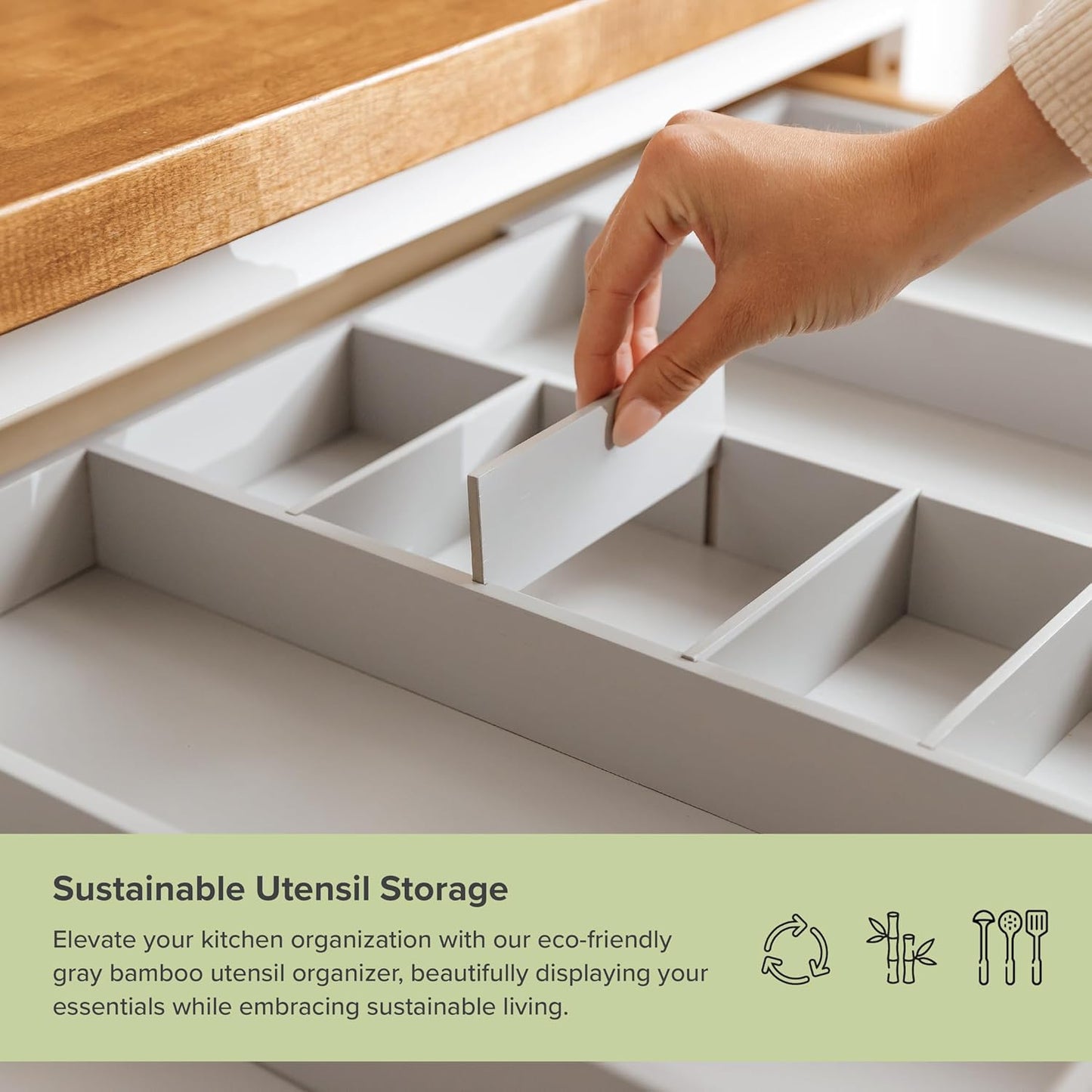 KitchenEdge Adjustable Kitchen Drawer Organizer for Utensils and Junk, Food-Safe Contract Grade with 100% Sustainable Wood, Expandable from 19 to 33 Inches Wide - Gray Bamboo