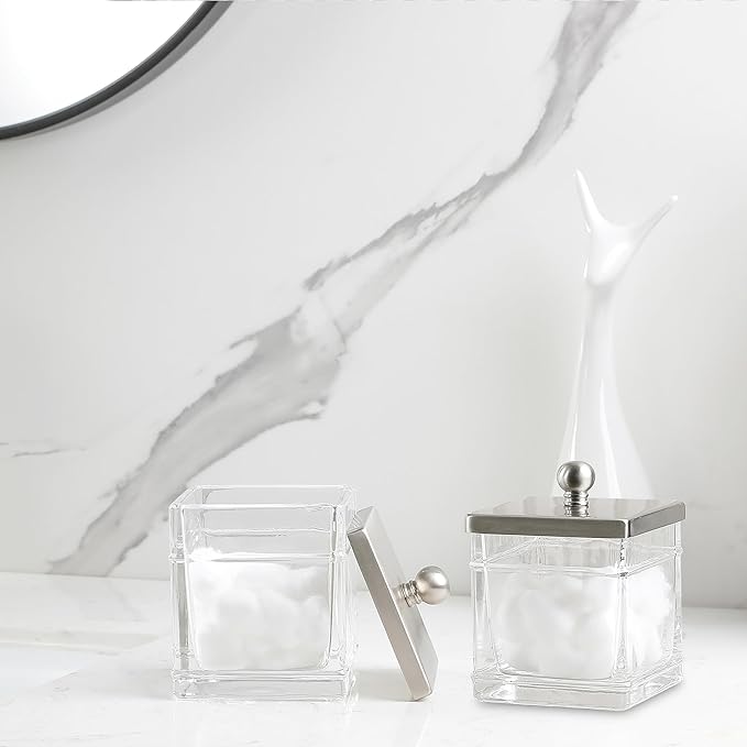 Glass Cotton Jar Holder 2 Pack– Satin Nickel Lid, Elegant Bathroom Storage Canister for Qtips, Cotton Balls, Floss, Makeup Organizer, Vanity & Bathroom Organization