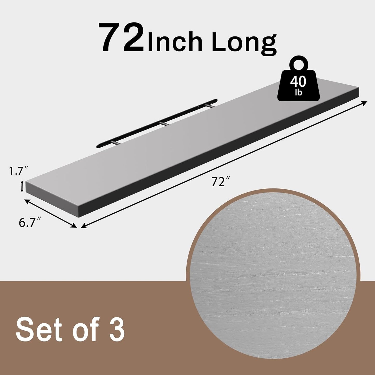 Floating Shelves for Wall, 72 Inch Extra Long Gray Wall Shelves, Set of 3, Hanging Invisible Brackets Floating Shelves for Living Room,Bedroom,and Kitchen