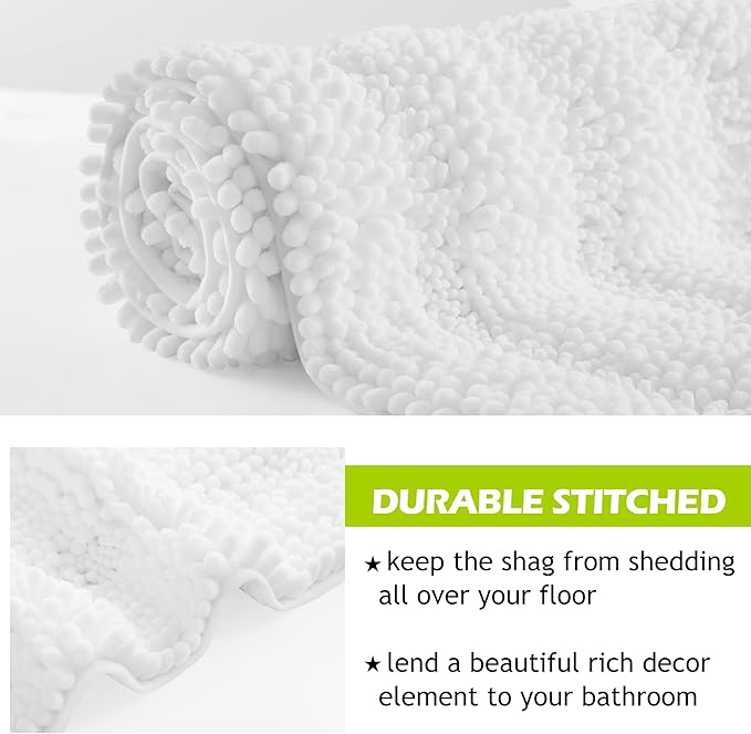 KGORGE Bathroom Rugs - Super Soft Bath Mat Non-Slip Plush Carpet Runner for Tub, Washable Absorbent Microfiber Chenille Floor Carpet for Door Way Kitchen, Pure White, 60" x 24", 1 Piece