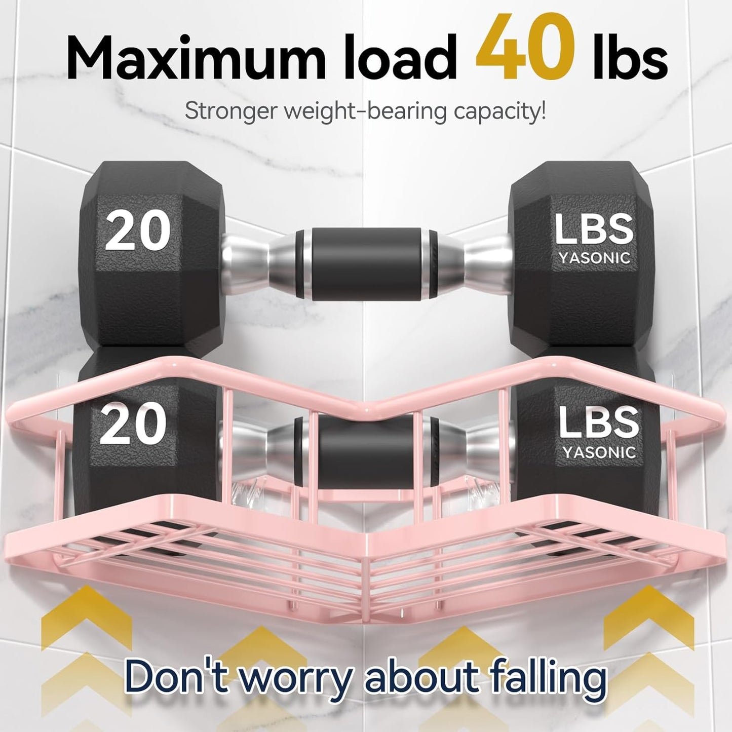 YASONIC Shower Caddy Corner, 3-Pack Adhesive Rustproof Stainless Steel Shower Shelves with Soap Holder, No Drilling Shower Organizer Corner for Dorm, Renters Bathroom, Pink