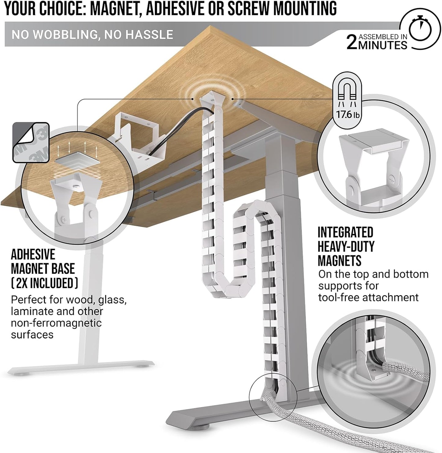 Under Desk Cable Management vertebrae – Perfect for sit Stand Desk Cable Management - Wire Management - Adjustable Length - Flexible Cable Spine - Chain Raceway Cable Management (White)