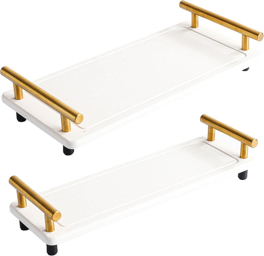 2Pcs Instant Dry Sink Tray, Water Absorbing Stone Caddy, Stone Drying Tray with Metal Handle, Kitchen Sink Organizer, Fast Drying Diatomite (White & Gold Handle, Large & Small)