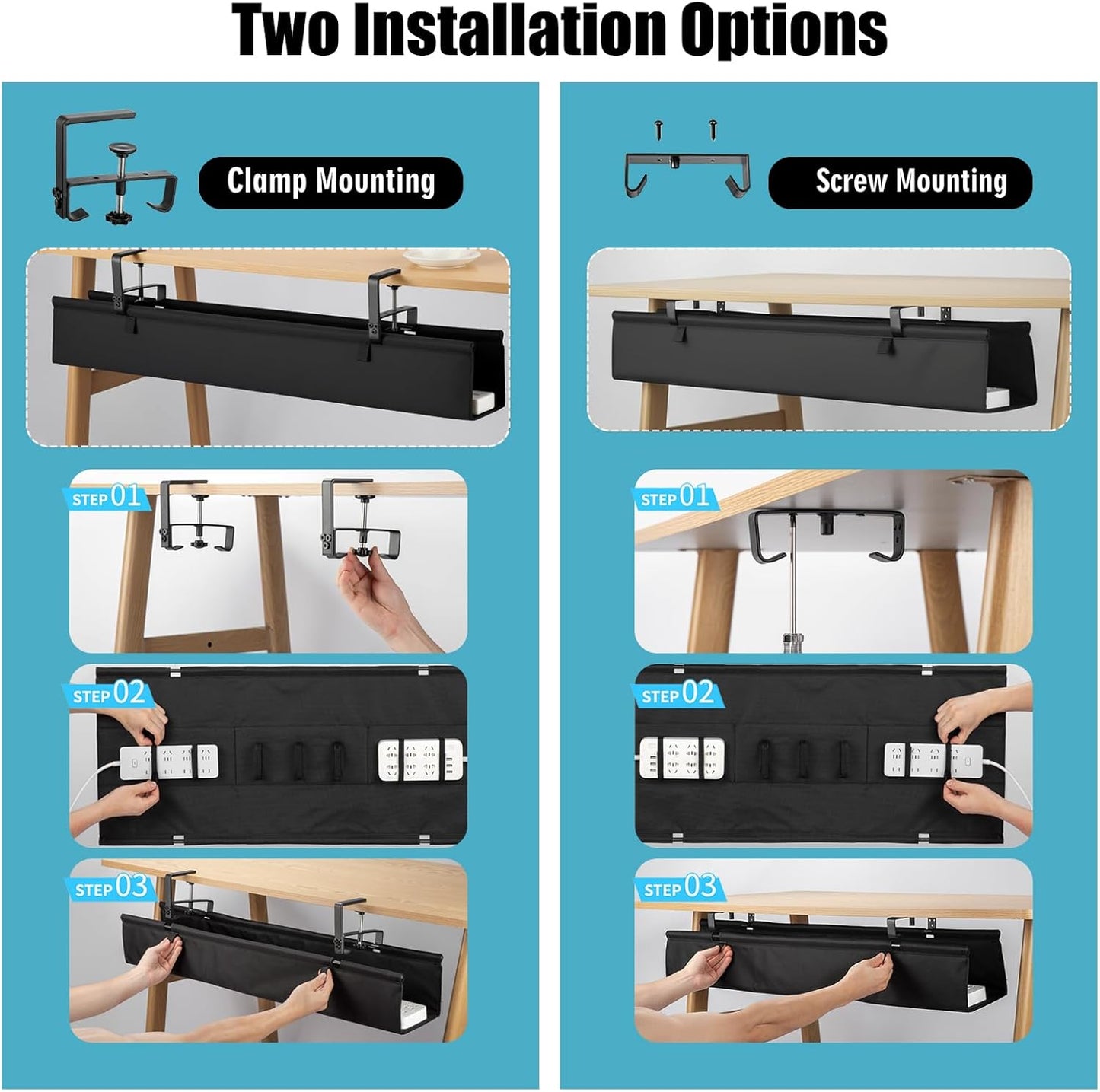 Oxford Cloth Under Desk Cable Management Tray,No-Drill 36" Desk Cable Management Organizer with Clip/Screw Installation,Holds Up to 70 lbs,Fabric Cable Management for Home,Office & Gaming Computer