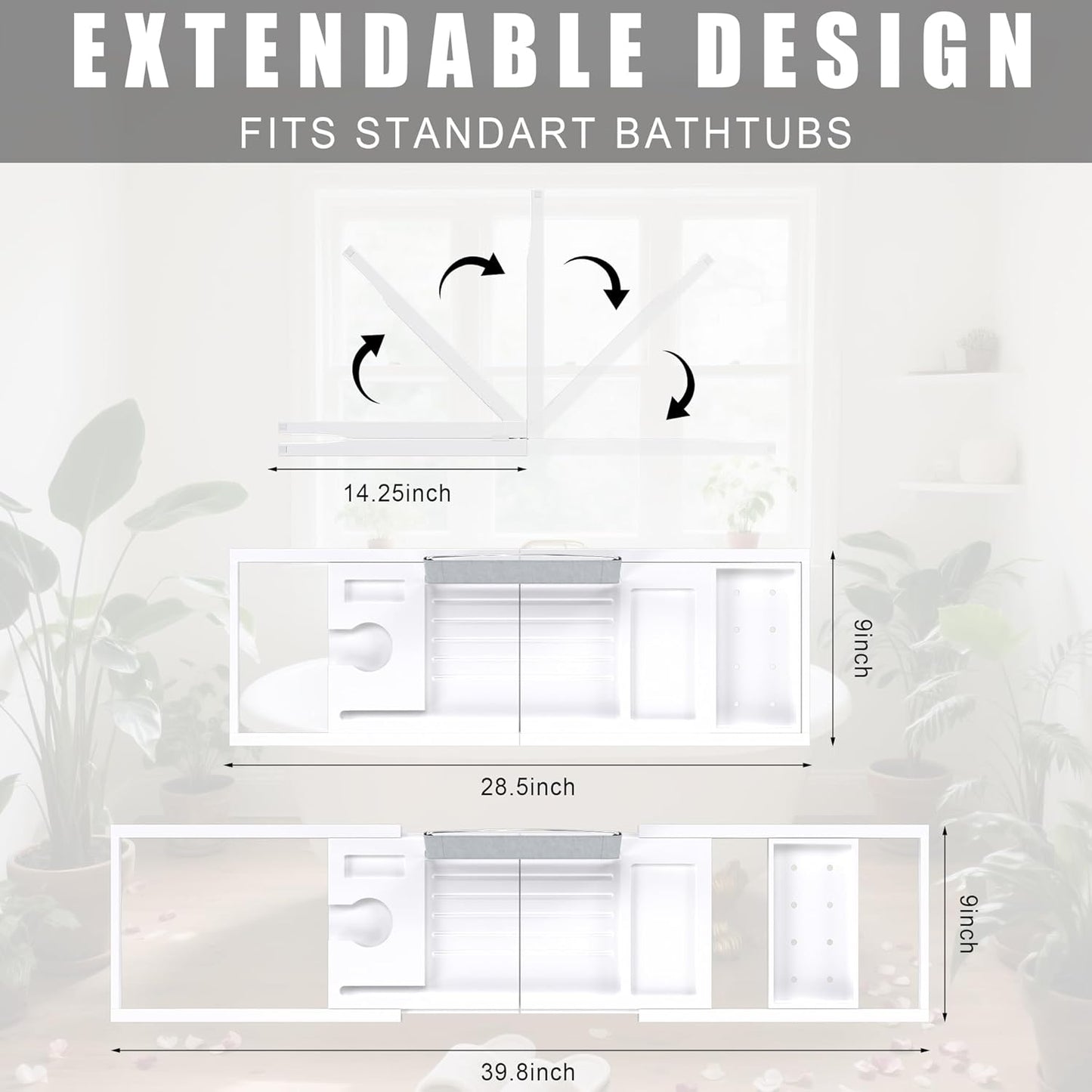 Foldable Bathtub Caddy Tray for Tub,Bamboo Expandable Bath Table Trays,Premium Bathroom Accessories for New Home & Mothers Day & Birthday Gifts for Couples,White