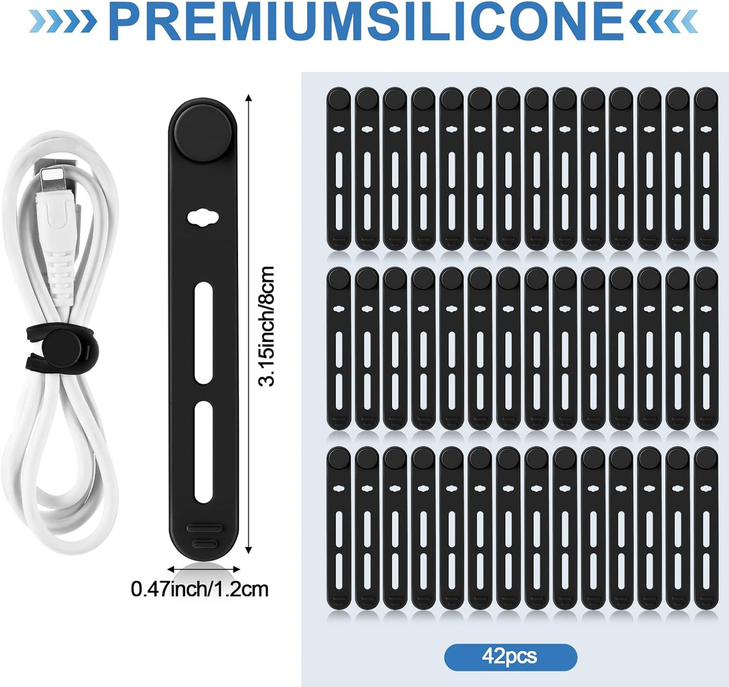 42 Pcs Silicone Cable Ties Reusable Cord Straps Multipurpose Elastic Cable Organizer for Bundling Fastening Earphone Phone Charger Home Office School(Black,3.15 Inch)