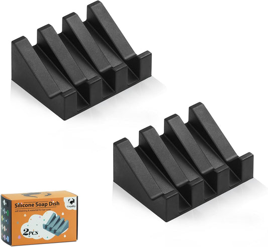 Self Draining Soap Dish Holder,Silicone Soap Dish,for Bathroom,Kitchen, Sponges，Can Extend Soap Life，Keep Soap Bars Dry and Easy Cleaning (2, Black)