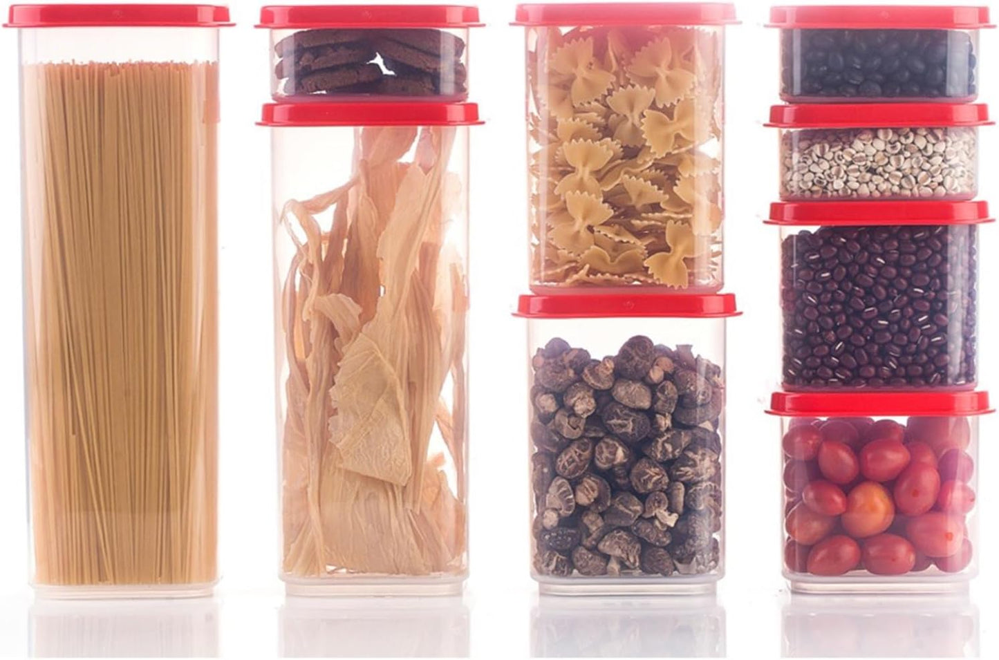 8300ml Airtight Food Storage Container With Lids 9PCS Family Set, BPA-Free Food-grade Plastic Stackable Leak-proof Kitchen Pantry Organizers for Pasta, Nuts, Dry Goods, Snack,Modular Design (Red)