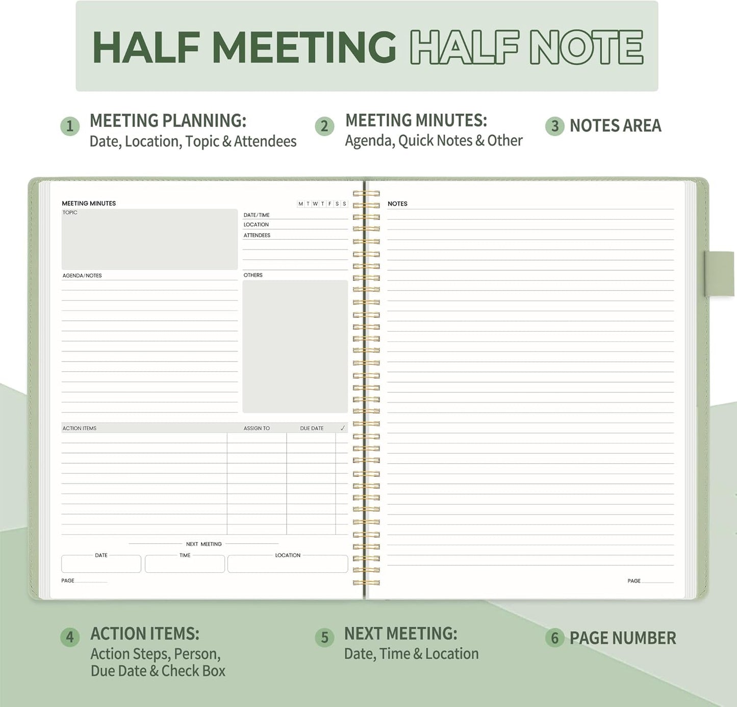 SUNEE Half Meeting Half Note - 8.5"x11" Professional Notebooks for Work - 160 Pages, A4 Size Project Planner, Spiral Meeting Agenda Organizer for Women Men, Note Taking,Office with Vegan Leather Cover