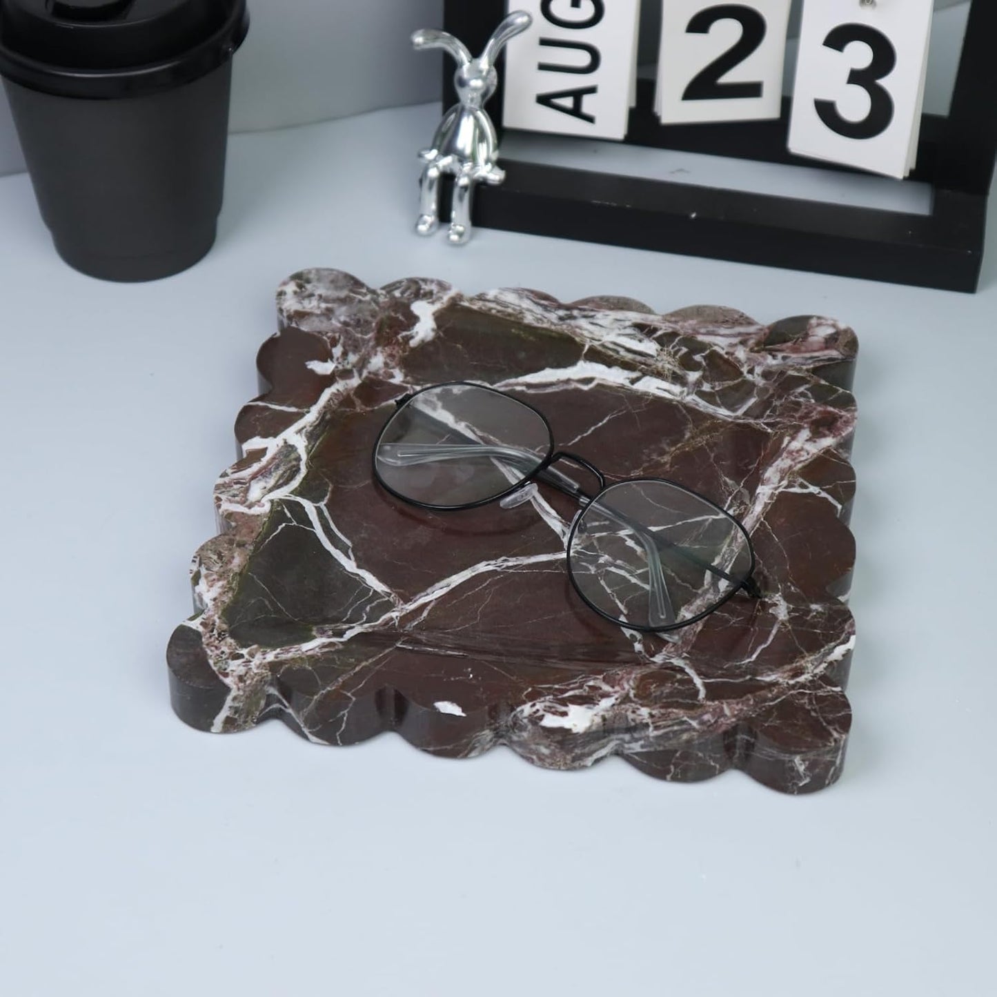 Square Marble Decorative Tray with Scalloped Edge, Luxury Natural Stone Bathroom Vanity Tray, Dresser Top Perfume Coffee Home Kitchen Sink Tray, Key Trinket Ring