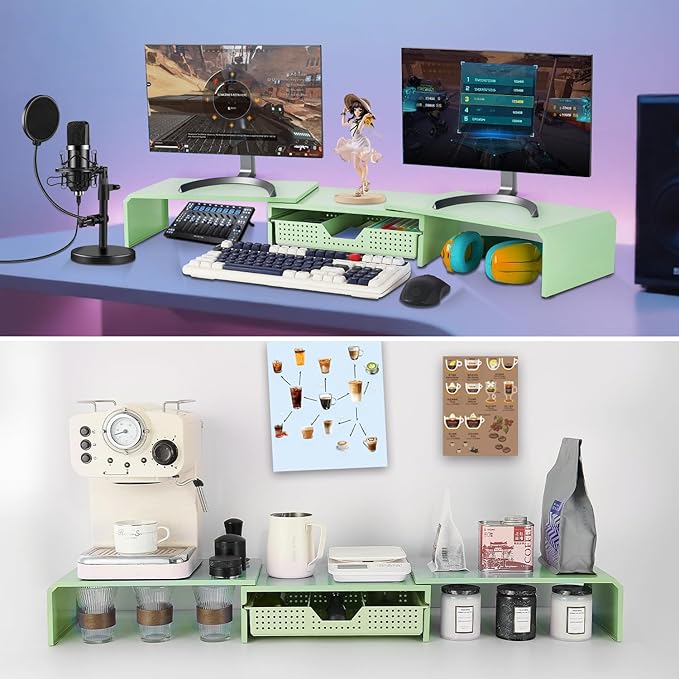 Dual Monitor Stand Riser with Drawer, Desk Organizer and Accessories, Metal Laptop Stand for Desk, Workspace Desktop Stand for Computer, Laptop, TV and More (Mint Green)