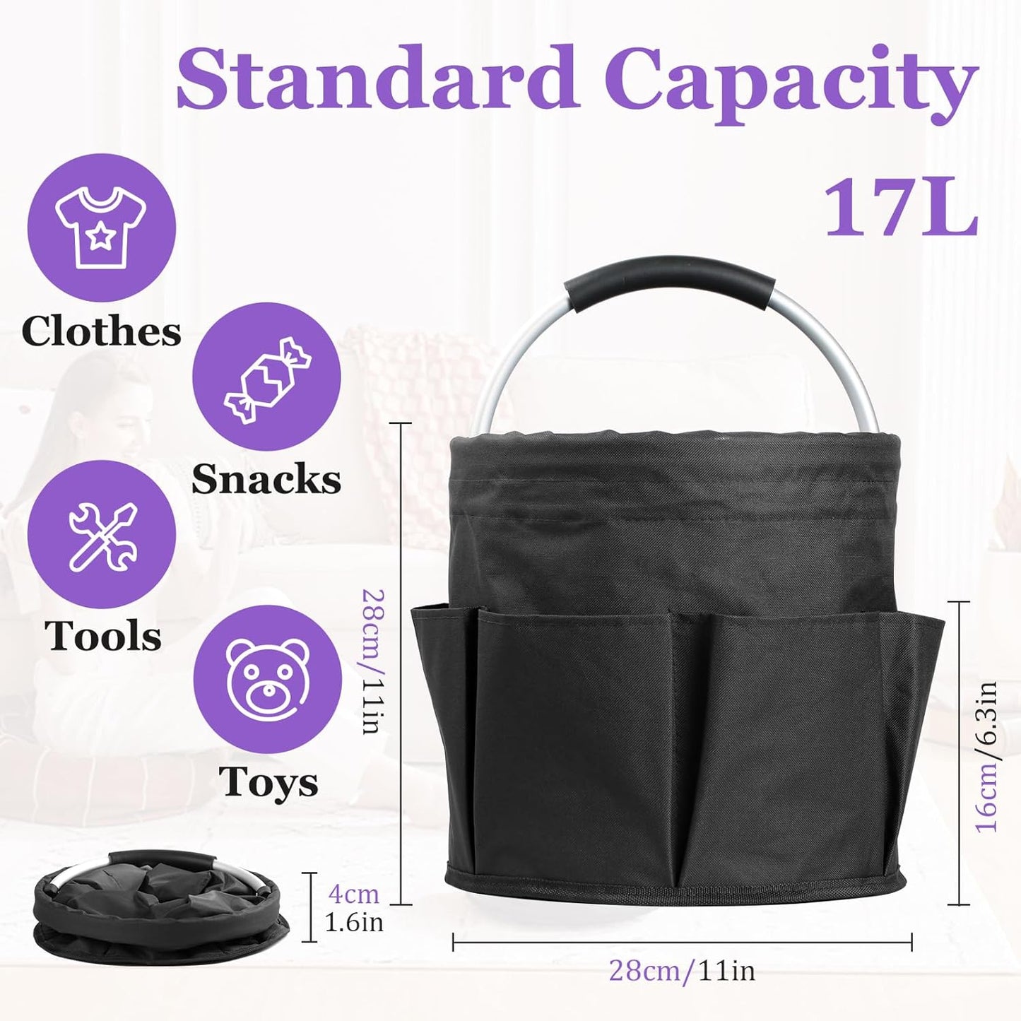 17L Cleaning Caddy with Handle and 6 Pockets, Foldable Cleaning Supply Caddy, Portable Shower Caddy in 600D Oxford Fabric, Multifunctional Storage Basket for Camping, Gardening, Black