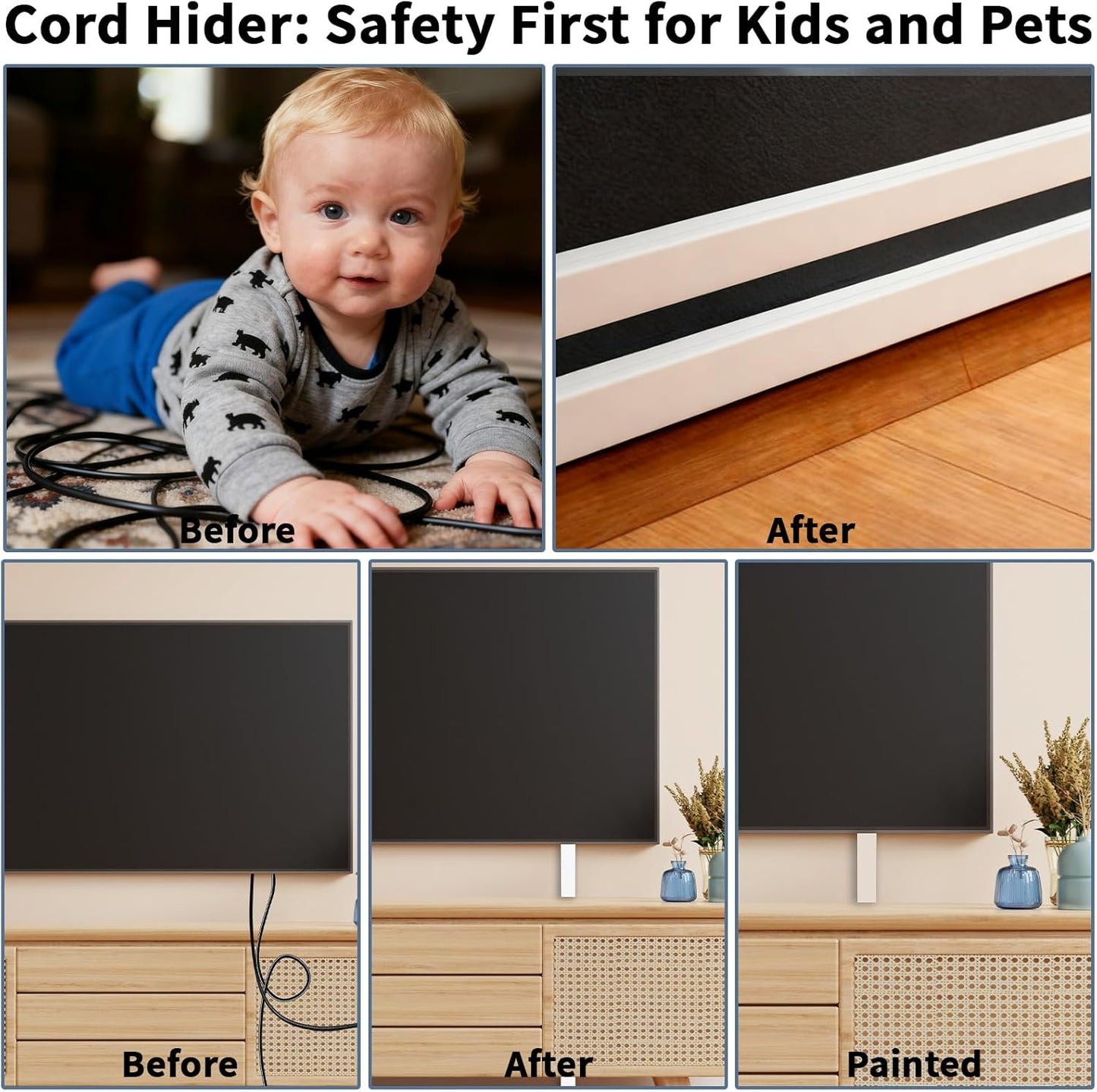 236in Cord Hider Kit, Cord Covers for Wires on Wall, Long, Large, Cord Hider for Wall Mount tv, Paintable Cable Raceway, tv Cable Hider Wall kit, Wire Covers for Cords,6X(L39.4in W0.95in H0.5in) White