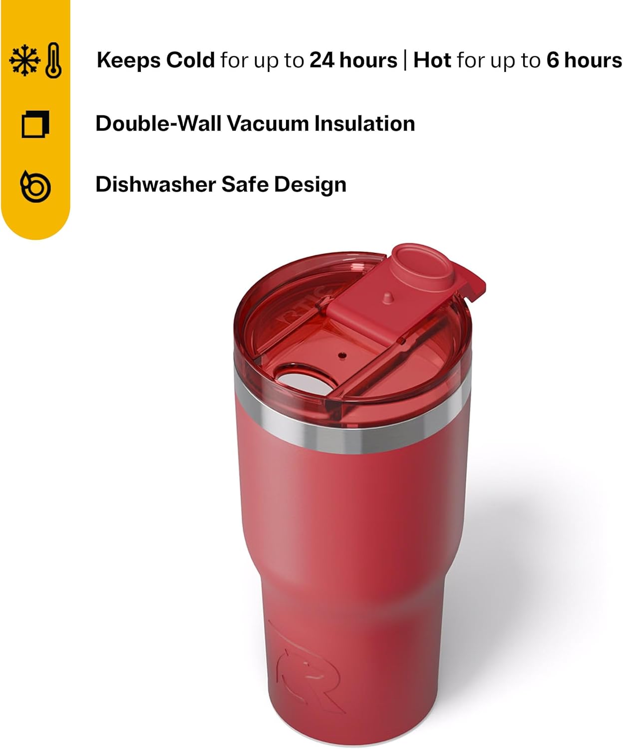 RTIC 20oz Essential Tumbler with Lid, Ceramic Lined, Insulated, Stainless Steel, Metal, Double Wall Vacuum-Insulation, Travel Cup for Iced Coffee, Tea, Hot and Cold Drink, Flag Red