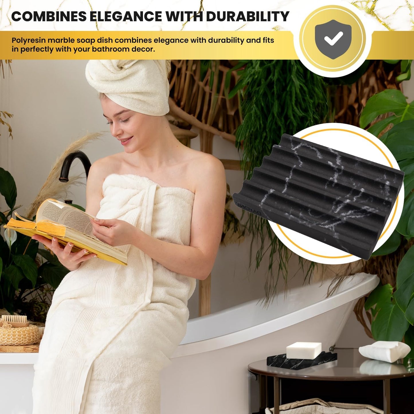 DAYONE Holder with Marble Look - Soap Dish with Soap Saver Ridges Rectangle Bar Soap Holder with Non Slip Feet - Soap Tray for Bathroom, Sink, Kitchen, and SPA (Black)