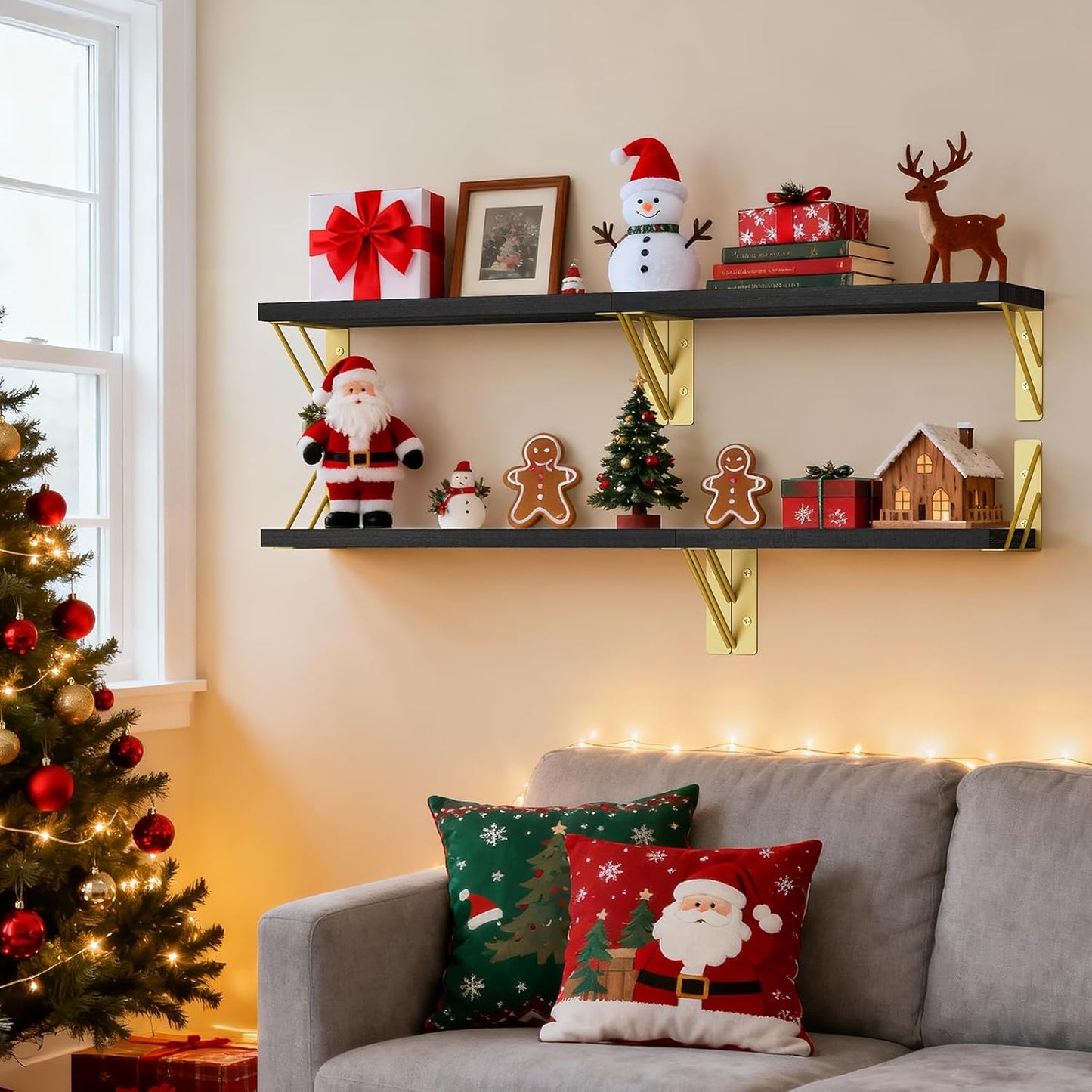 BAYKA Wall Shelves for Bedroom Decor, Floating Shelves for Living Room Kitchen Storage, Mounted Rustic Wood Floating Shelves for Kids Books, Corner Shelves for Bathroom, Office(Black Gold,Set of 3)