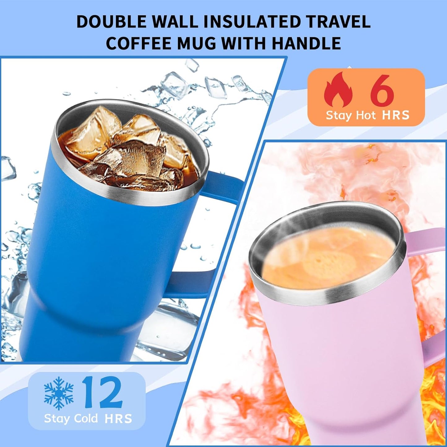 20oz Insulated Tumbler with Handle Stainless Steel Travel Coffee Mug with Lid and Straw Double Wall Vacuum Leak-proof Reusable Thermal Water Cup for Hot and Cold Drinks (Multicolor-3,4 Pack)