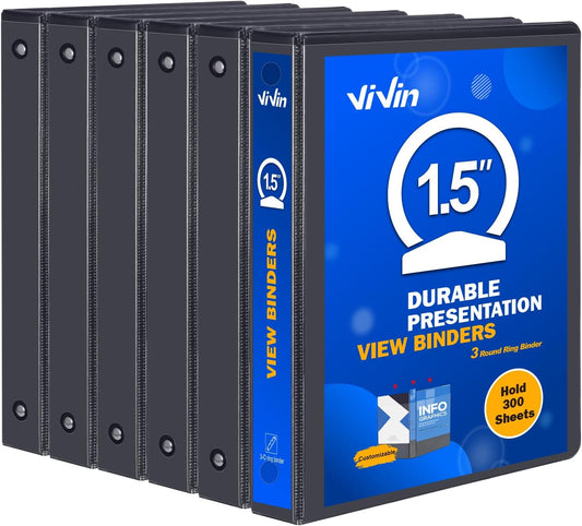 3 Ring Binder 1-1/2 Inch, ViVin Sturdy 1.5"-Round Ring Binder with 2 Interior Pockets, Clear View Cover, PVC-Free, Fits 300 Sheets of 8.5'' x 11'' Paper, Office Home School (6 Pack, Black)