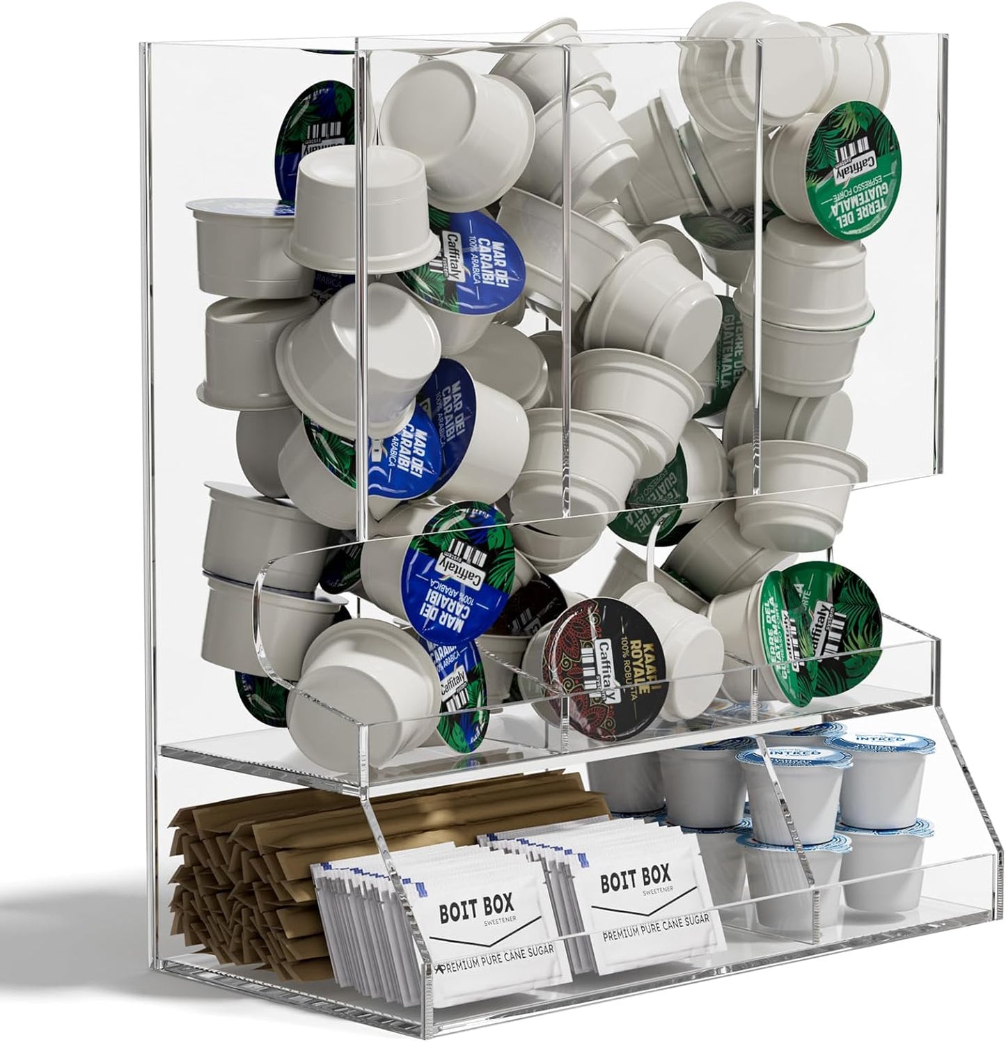 AITEE Clear Acrylic Coffee Pod Holder Dispenser for K Cups, 30-Capacity 3-Compartment Visible Rack, Space-Saving Countertop Organizer for Kitchen, Office, Pantry, 8.9" L x 4.6" W x 10.2" H