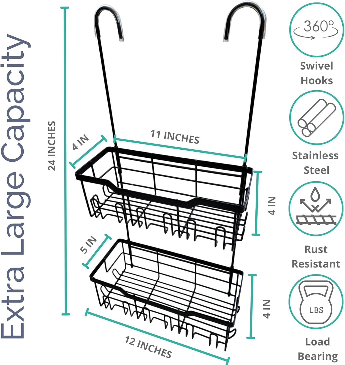 Black Shower Caddy Hanging - Rust-Proof 304 Stainless Steel Shower Caddy with Rotatable Hooks and Adhesives - Ideal for Bathroom Essentials - Convenient for Bathroom Toiletries