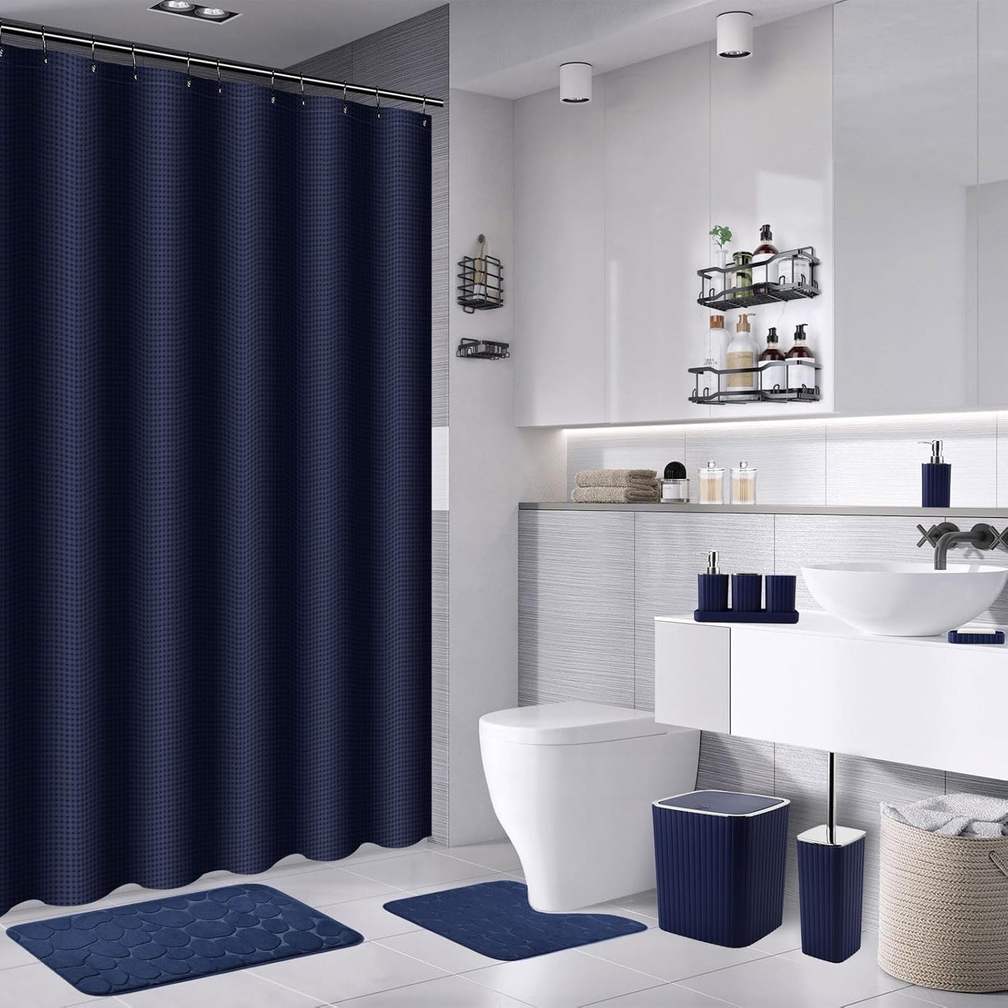 30PC Bathroom Accessories Set - Gorgeous Navy Blue Bathroom Set, Bathroom Accessory Set, Navy Blue Shower Curtain Set with Shower Caddy
