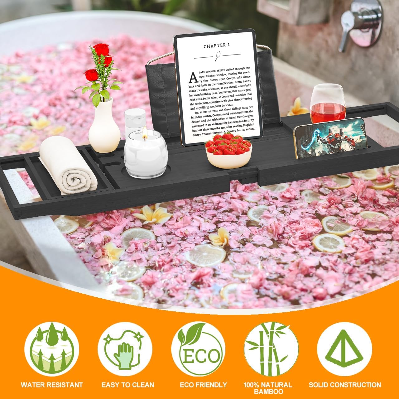 Premium Bathtub Tray Caddy - Bath Tray Expandable - Bath Tub Tray Table for Bathtub, Bamboo Wooden, Fits Most Bath Tubs