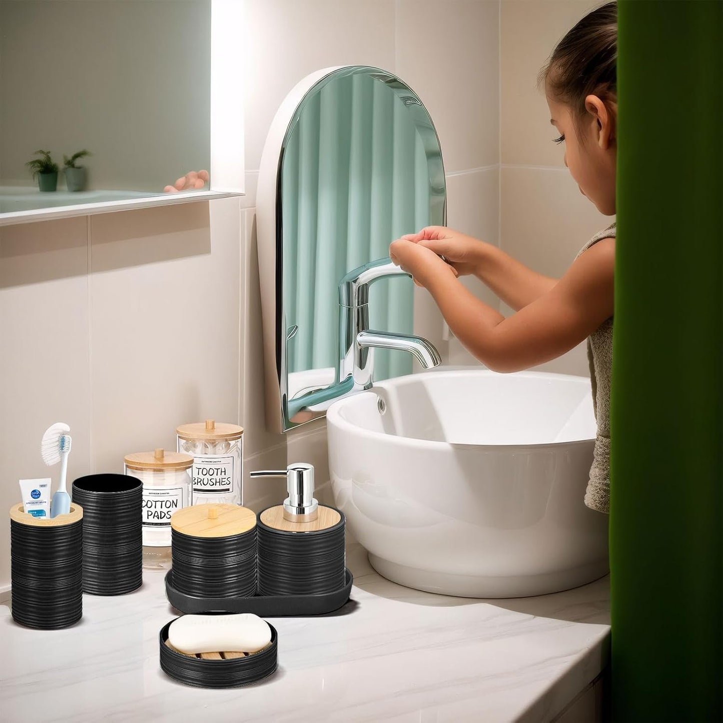 IMAVO Bathroom Accessory Set-11Pcs Black Bathroom Accessories Set with Trash Can,Soap Dispenser,Soap Dish,Toothbrush Holder,Toothbrush Cup,Toilet Brush Holder,Qtip Holder Dispenser with Labels