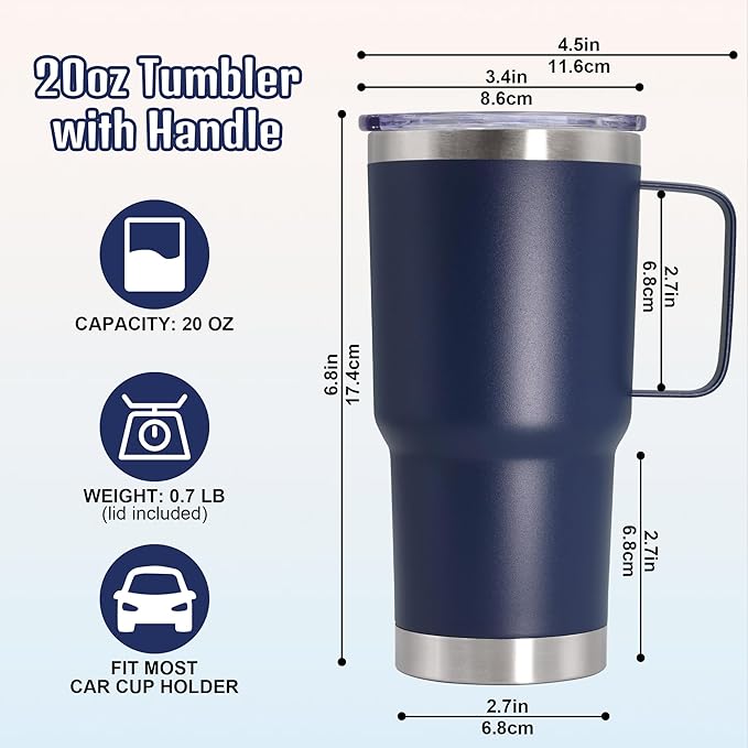 20 oz Tumbler with Handle and Lid, Stainless Steel Tumbler Insulated Travel Coffee Mug, Spill Proof Double Wall Vacuum Tumbler Cup Keep Drink Hot & Cold, Navy, 6 Pack