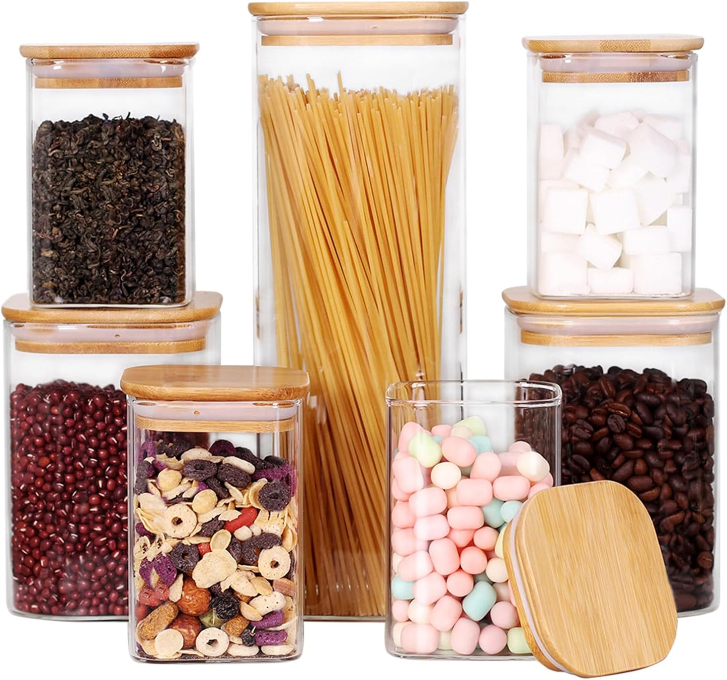 Glass Storage Canister with Wooden Lid, Set of 7 Square Glass Jars with Bamboo Lids, Glass Food Storage Containers for Pasta, Cereal, Flour, Sugar, Best for Kitchen & Pantry